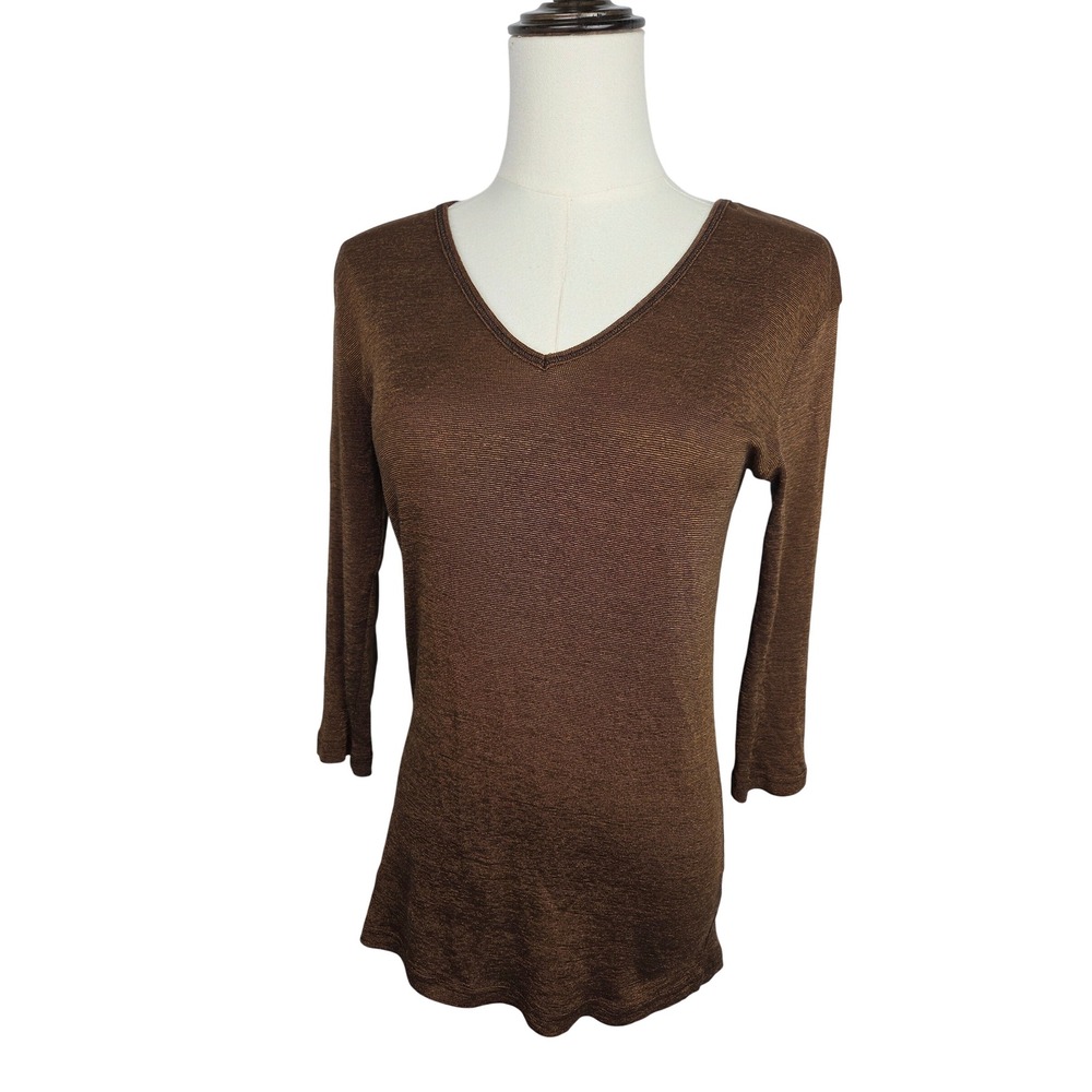 Michael Stars Style 0081 V-Neck Knit Top One Size 3/4 Sleeve Brown Shimmer EUC